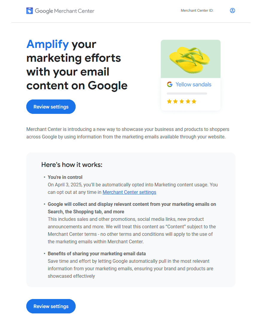 Email sent to Google Merchant Center users on April 3rd announcing the feature.