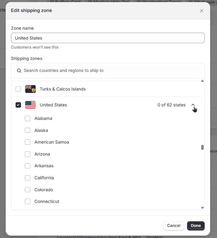 Edit Shipping zone dialog box in Shopify settings showing that 0 of 62 states are selected for the United States.